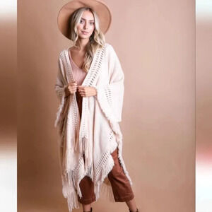 New Boho Fringe Knit Ruana Wrap Kimono Cream